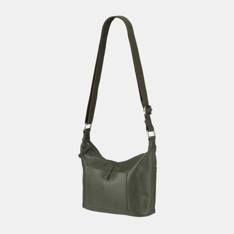 Olive green leather-look shoulder bag shown from an angled side view, featuring an adjustable webbing strap, zip-top closure, silver-tone hardware, and front slip pocket with press-stud tab detail.