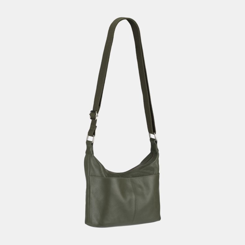 Olive green leather-look shoulder bag shown from an angled side view, featuring an adjustable webbing strap, zip-top closure, silver-tone hardware, and front slip pocket with press-stud tab detail.