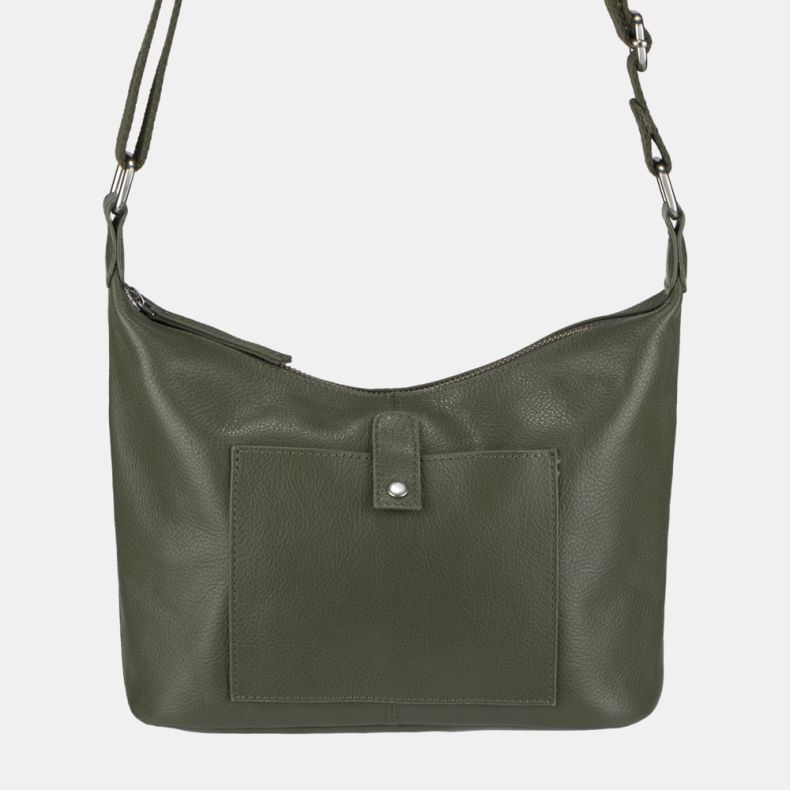 Olive green leather-look shoulder bag shown in a close-up front view, highlighting the pebbled texture, zip-top closure, adjustable strap, silver-tone hardware, and front slip pocket with press-stud tab detail.