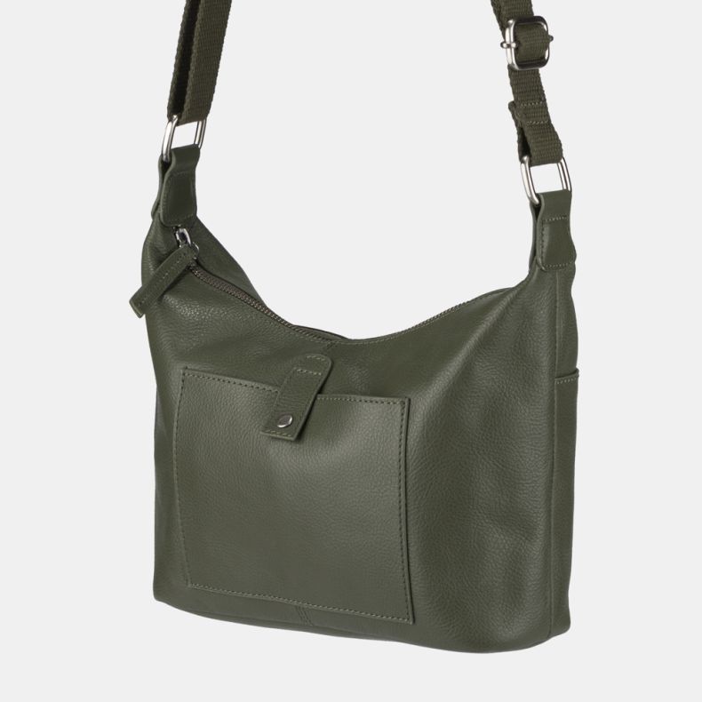 Olive green leather-look shoulder bag shown in a close-up angled view, highlighting the pebbled texture, adjustable webbing strap, zip-top closure, silver-tone hardware, and front slip pocket with press-stud tab detail.