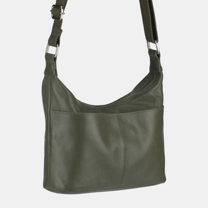 Olive green leather-look shoulder bag shown from a rear close-up view, featuring a pebbled texture, adjustable webbing strap, zip-top closure, silver-tone hardware, and a spacious exterior slip pocket.