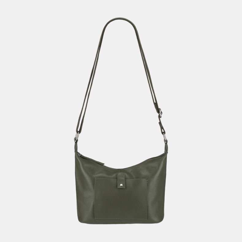 Olive green leather-look shoulder bag with an adjustable strap, zip-top closure, silver-tone hardware, and front slip pocket with press-stud tab detail.