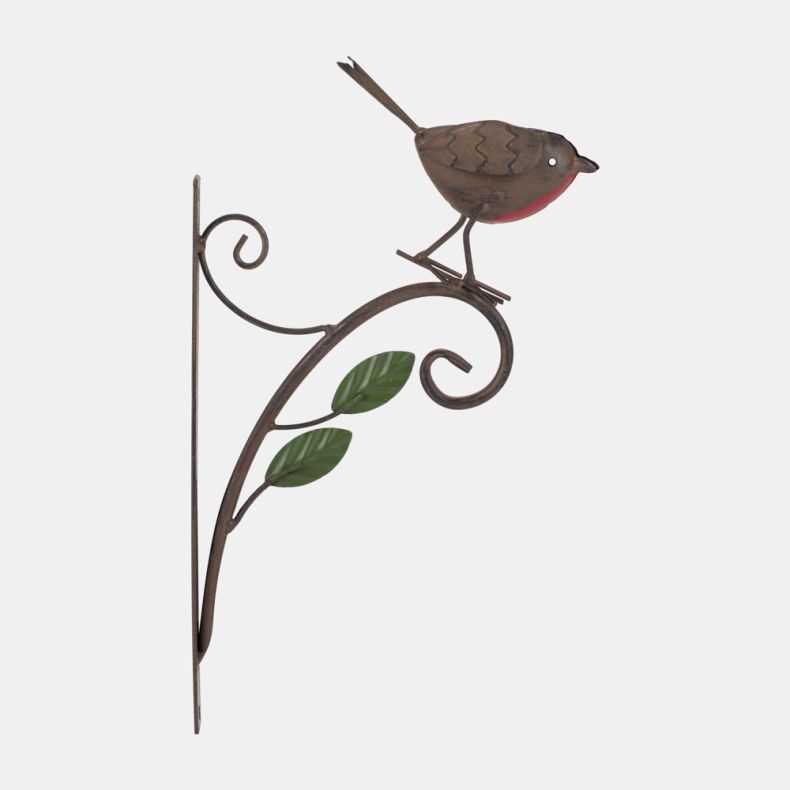 Side view of a decorative metal robin wall bracket with a rustic brown finish and red breast. The robin perches on a curved scrollwork arm accented with two green metal leaves, designed for hanging baskets, lanterns, or garden decorations.