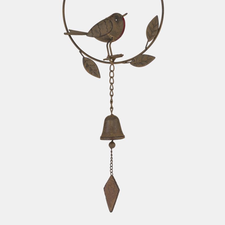 Lower section of a decorative metal robin wind chime, showing a rustic brown bell suspended beneath a circular robin ornament. A chain and diamond-shaped metal wind catcher hang below, designed to create movement and sound in outdoor garden settings.