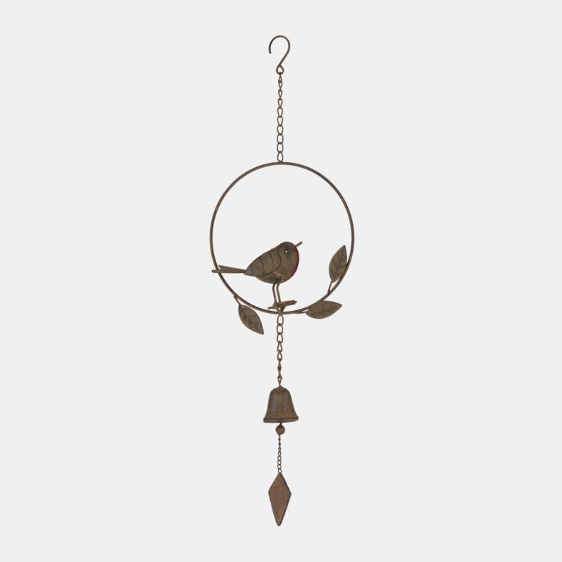 Decorative metal robin wind chime featuring a rustic brown robin with a red breast perched inside a circular ring. The hanging ornament includes metal leaf accents, a small bell, chain, and hook for outdoor garden display.