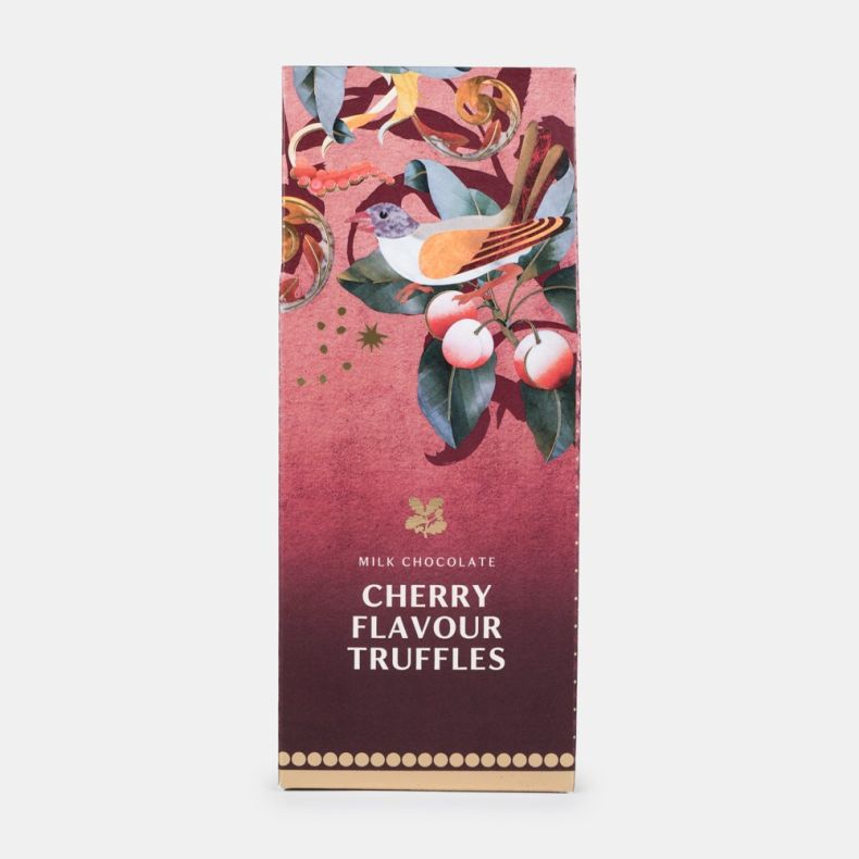 Milk chocolate cherry flavour truffles in a festive burgundy gift box featuring bird and cherry illustrations, front view.