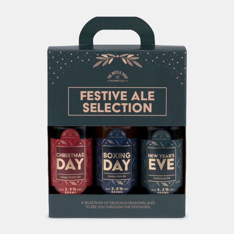 Festive ale selection gift set featuring three bottled beers: Christmas Day Hoppy Amber Ale, Boxing Day Golden Pale Ale, and New Year's Eve Traditional IPA, presented in a decorative carry box.