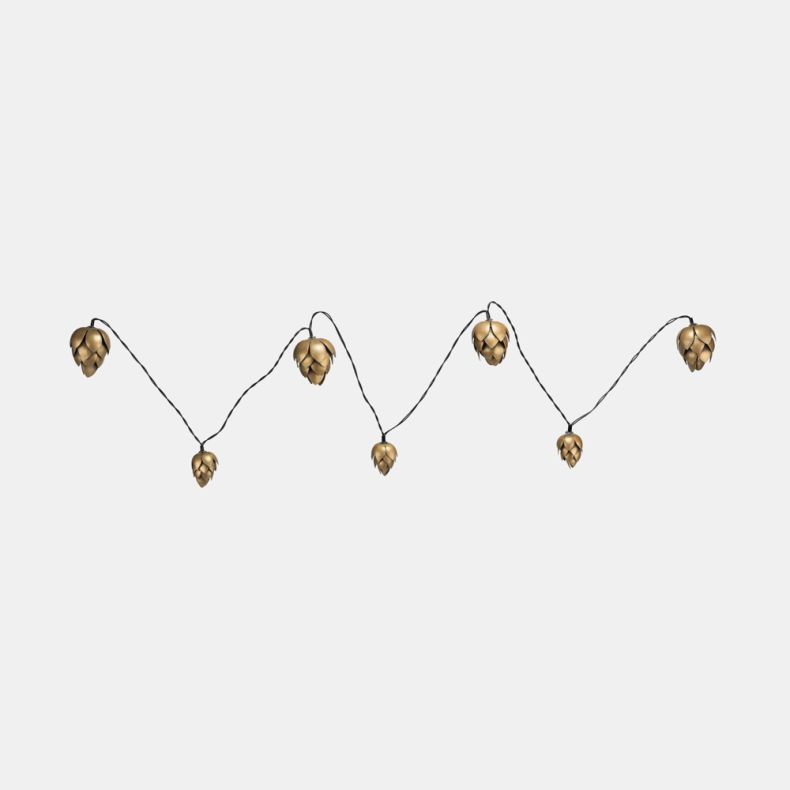 Pinecone-shaped LED outdoor light chain with eight decorative metallic pinecone lights suspended along a black cable, displayed against a light grey background.