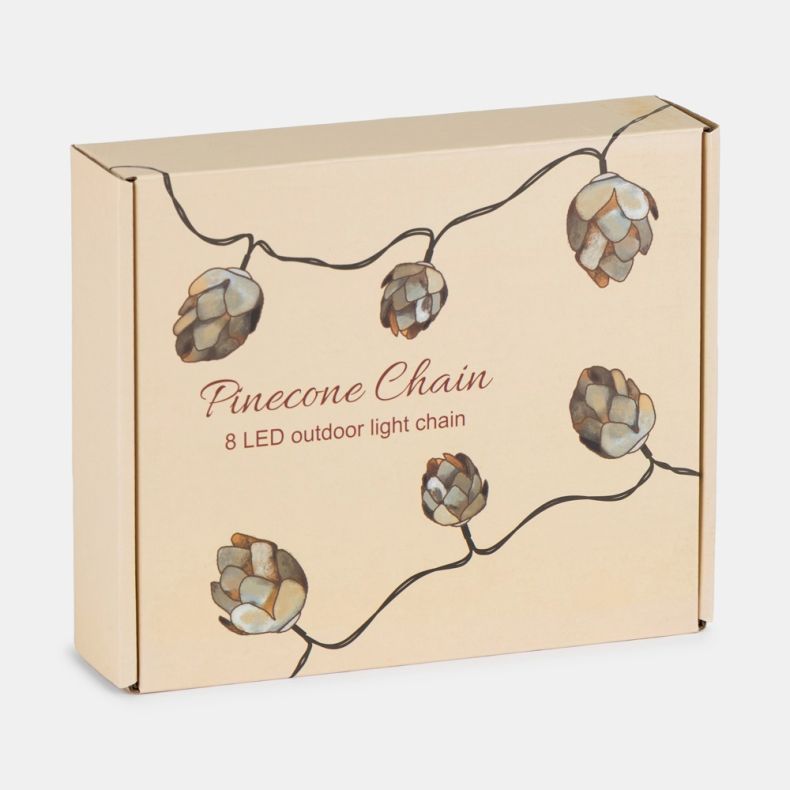Pinecone Chain 8 LED outdoor light chain in decorative gift packaging featuring illustrated pinecone-shaped string lights on a cream background.