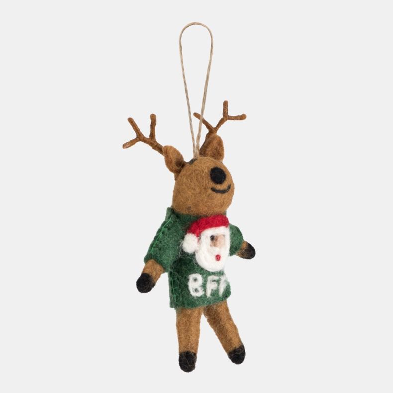 Handcrafted felt reindeer Christmas hanging decoration shown from an angled side view. The reindeer features brown antlers, a hanging loop and a green jumper with a Santa face and “BFF” lettering, set against a plain light grey background.