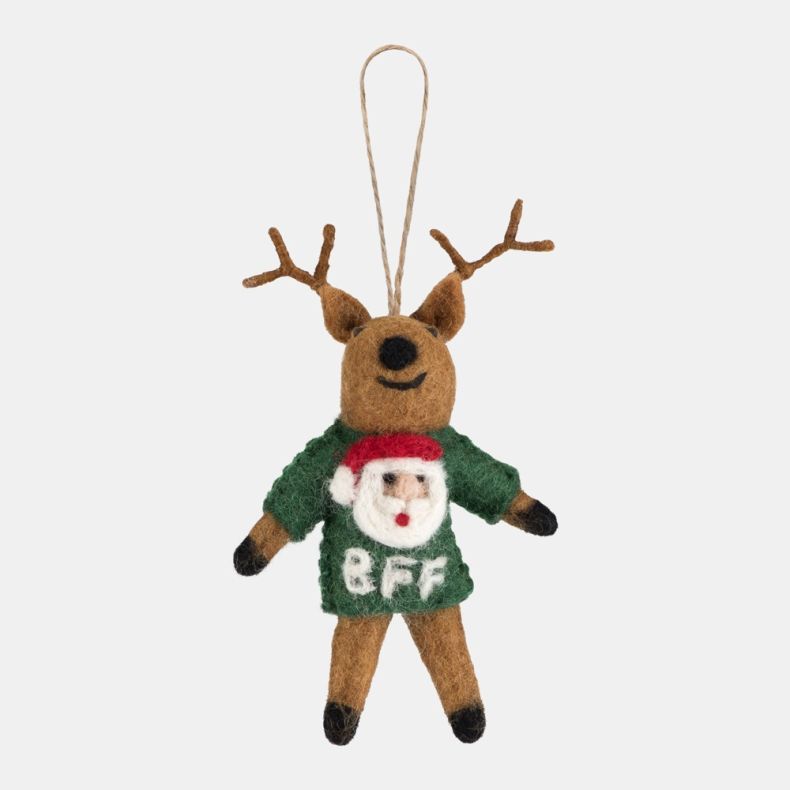 Handcrafted felt reindeer Christmas hanging decoration with antlers and a hanging loop. The reindeer wears a green jumper featuring a Santa face and the text “BFF”, shown against a plain light grey background. 