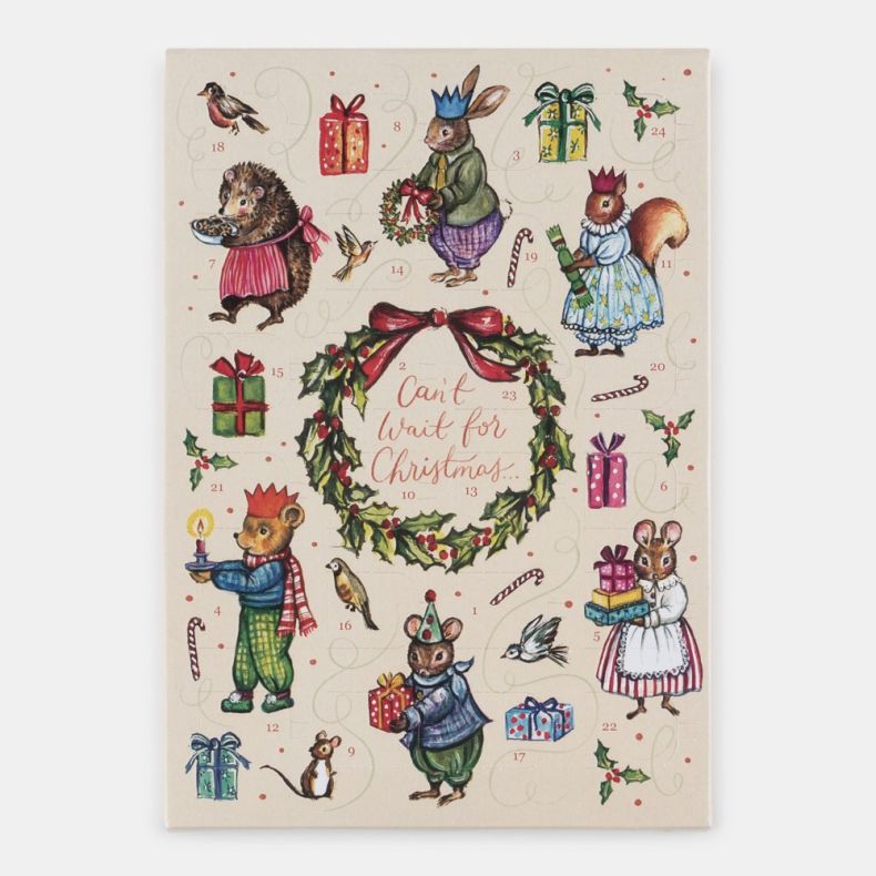 Chocolate advent calendar featuring vintage-style illustrations of woodland animals, wrapped presents, candy canes, birds and a festive holly wreath with the text “Can't Wait for Christmas”.