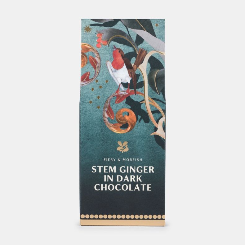 Stem ginger in dark chocolate confectionery carton in festive teal packaging featuring a robin, decorative botanical illustrations and gold accents, shown front on.