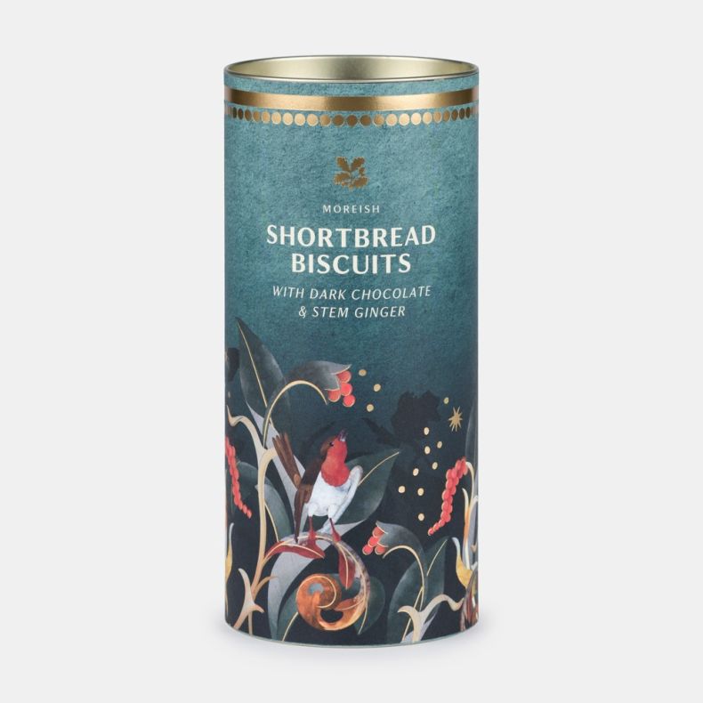 Shortbread biscuits with dark chocolate and stem ginger in a decorative teal biscuit tin featuring a robin, festive botanical illustrations and gold accents, shown front on.