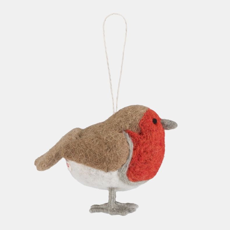 Side view of a felt robin hanging decoration, crafted from textured wool felt with a bright red breast, soft brown body and white underside. Complete with a grey beak, stitched legs and hanging loop, this charming ornament captures the classic British rob