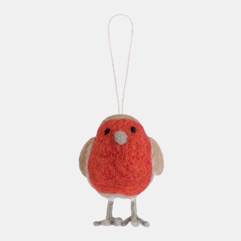 Felt robin hanging decoration crafted from textured wool felt, featuring a bright red breast, neutral beige wings and a hanging loop for easy display. This charming handmade-style ornament captures the classic British robin and adds a cosy seasonal touch 