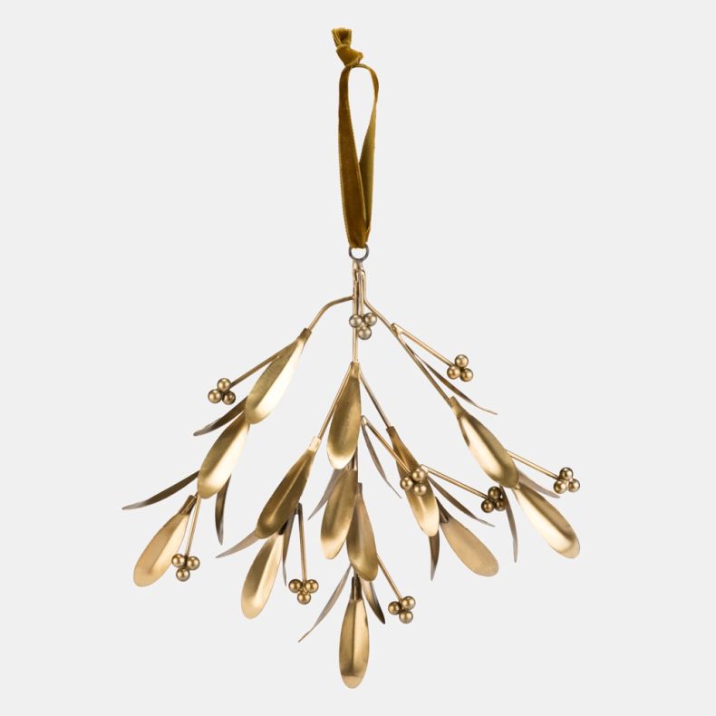 Gold-tone hanging mistletoe decoration featuring metallic leaves, berry details and branching stems. Suspended from a matching velvet ribbon loop, the elegant festive ornament is displayed against a plain light grey background.