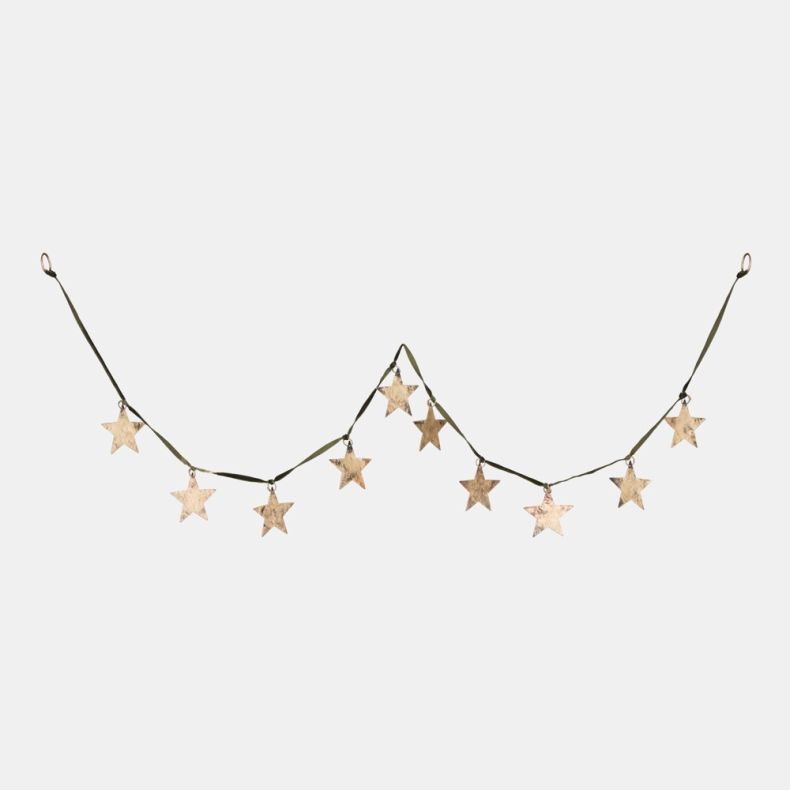 Decorative hanging star garland featuring multiple hammered metal star ornaments in a distressed antique gold finish suspended from an olive green ribbon, displayed in full to showcase the complete festive decoration and rustic handcrafted style.