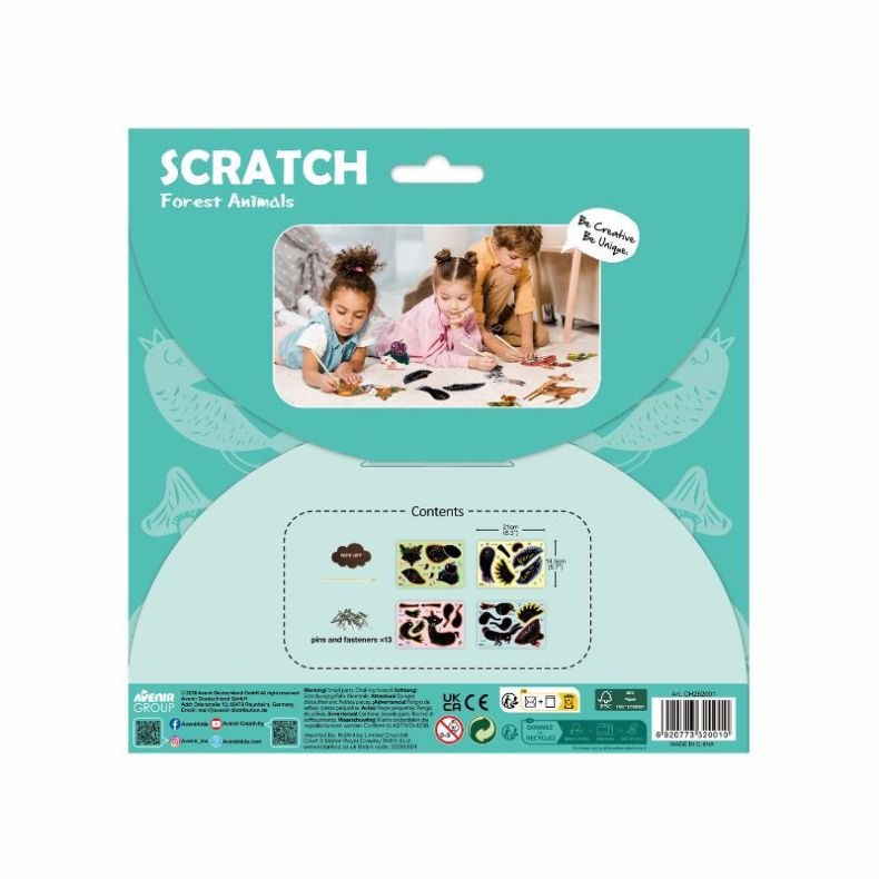 Back of Avenir Scratch Forest Animals craft kit showing a photo of children creating scratch-art animal designs. The packaging displays included contents, such as scratch sheets, pins, fasteners, and assembly pieces, along with safety information and prod