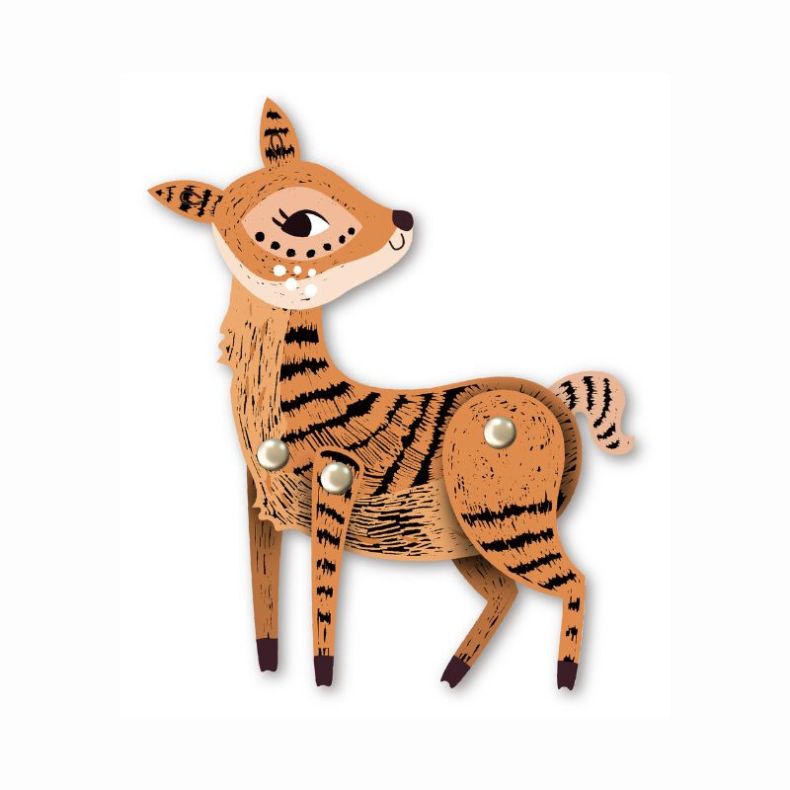 Decorative scratch-art deer craft with movable legs and head connected by metal fasteners. The woodland animal features tan colouring, black engraved details, spotted accents, and articulated joints, displayed against a plain light background.