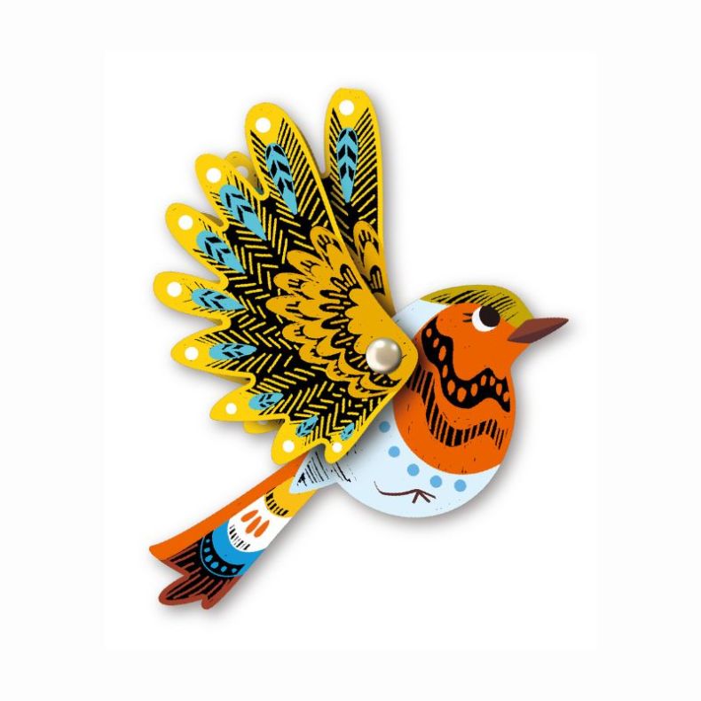 Colourful scratch-art bird craft with an orange chest, pale blue body, and layered yellow wings decorated with black patterns and blue feather details. The articulated wing is attached with a metal fastener, creating a decorative woodland bird design on a