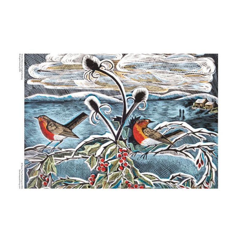 Artwork from the Angela Harding Winter Robins 1000-piece jigsaw puzzle, depicting two red-breasted robins perched on snow-covered branches with holly leaves and bright red berries. Set against a wintry waterside landscape with rolling hills, dramatic clou