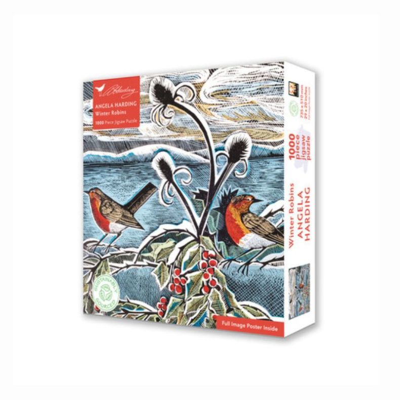 Angela Harding Winter Robins 1000-piece jigsaw puzzle featuring a beautifully illustrated winter scene with two red-breasted robins perched among snow-covered branches and holly berries. Presented in a decorative gift box, the artwork showcases intricate 