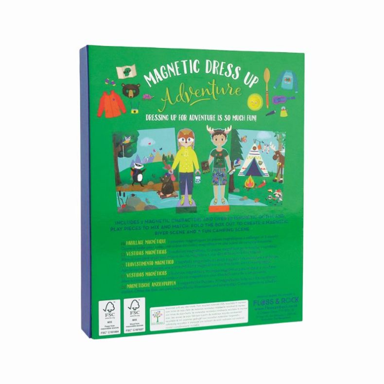 Back of Magnetic Dress Up Adventure activity set box featuring two dress-up characters in outdoor scenes, including woodland and camping settings. Illustrations of magnetic clothing and accessories surround the display, with product details, multilingual 