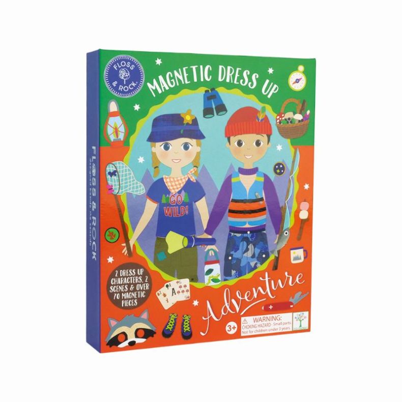 Magnetic Dress Up children’s activity set box featuring two illustrated outdoor adventurer characters, magnetic clothing and accessory pieces, fishing net, lantern, boots, binoculars, basket, and over 70 magnets on a colourful green and orange package.