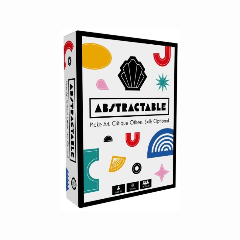 Abstractable party game box featuring colourful geometric shapes on a white background, with the title “ABSTRACTABLE” and the tagline “Make Art. Critique Others. Skills Optional.” Modern, minimalist design with age, play time and player count icons.