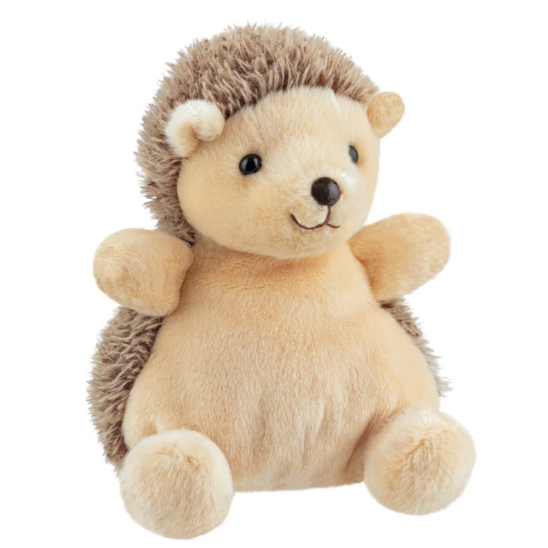 Small Palm Pals hedgehog plush toy with a round, bean-filled body and soft cream-coloured fur. The toy has textured brown faux-fur spikes around its head and back, black button-style eyes, a dark brown nose, and a stitched smile.