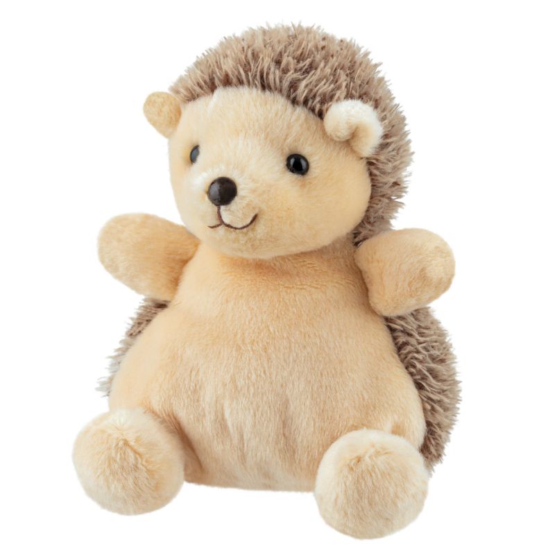 Small Palm Pals hedgehog plush toy with a round, bean-filled body and soft cream-coloured fur. The toy has textured brown faux-fur spikes around its head and back, black button-style eyes, a dark brown nose, and a stitched smile.
