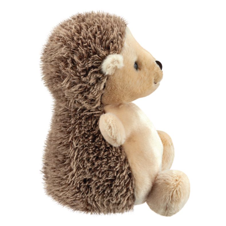 Small Palm Pals hedgehog plush toy with a round, bean-filled body and soft cream-coloured fur. The toy has textured brown faux-fur spikes around its head and back, black button-style eyes, a dark brown nose, and a stitched smile.