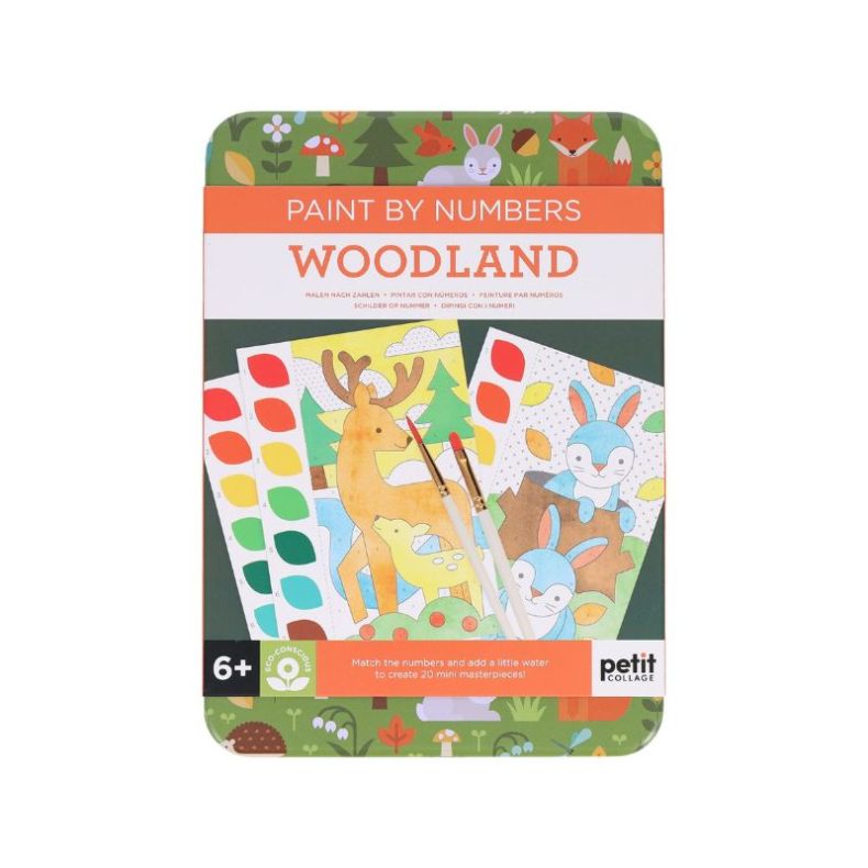 Petit Collage Woodland Paint by Numbers set for ages 6+, presented in a decorative tin featuring woodland animals and sample artwork. Includes numbered colouring cards, paint palette sheets and two paintbrushes.