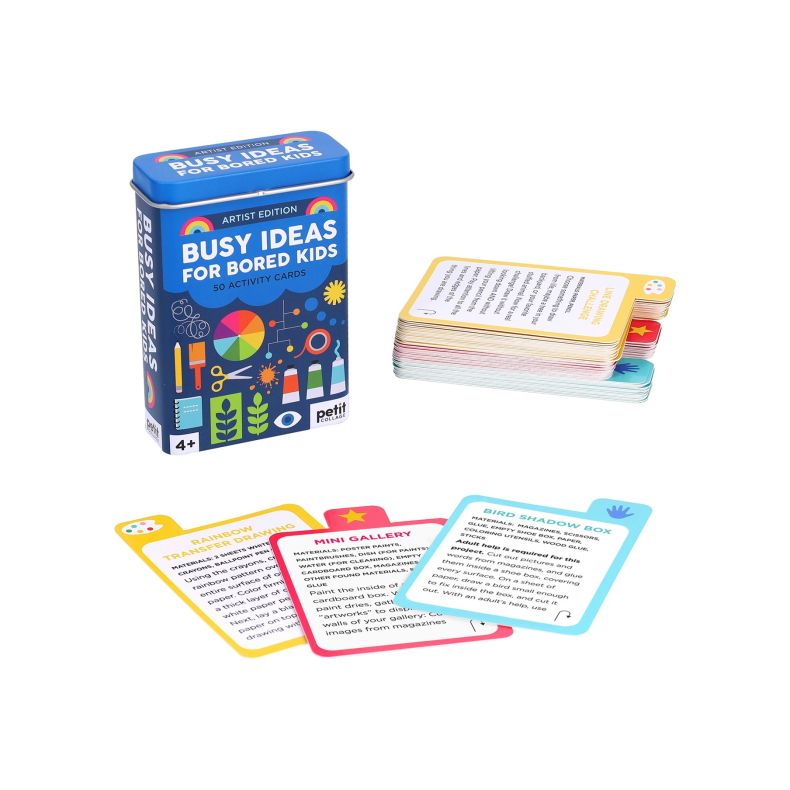 Petit Collage Busy Ideas for Bored Kids Artist Edition, featuring a blue storage tin and a set of 50 illustrated activity cards with creative art, craft and drawing prompts designed for children aged 4+.