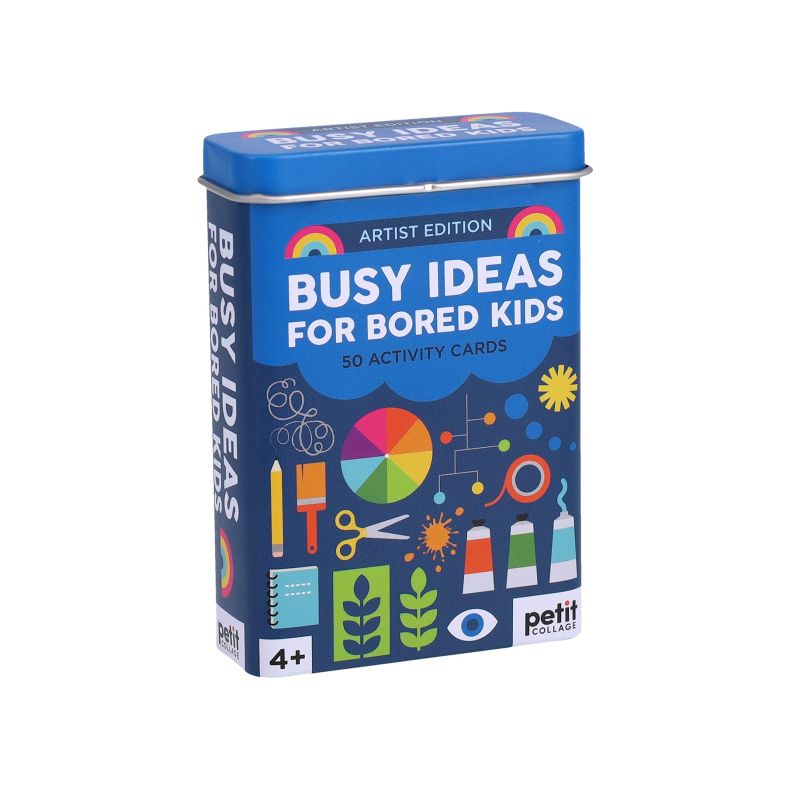 Petit Collage Busy Ideas for Bored Kids Artist Edition activity card set in a blue storage tin, featuring 50 creative activity cards for ages 4+, with colourful illustrations of art supplies, paint tubes, scissors and craft-themed graphics.