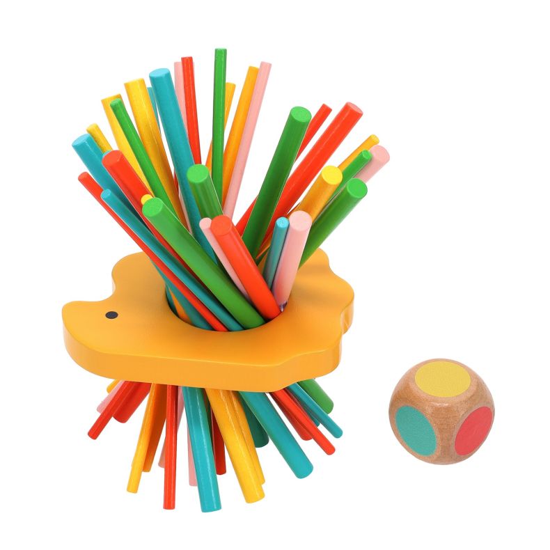 Petit Collage Hedgehog Prickly Sticks game featuring a wooden hedgehog shape threaded with colourful wooden sticks and a colour-matching wooden die, designed to develop coordination and fine motor skills for children aged 3+.