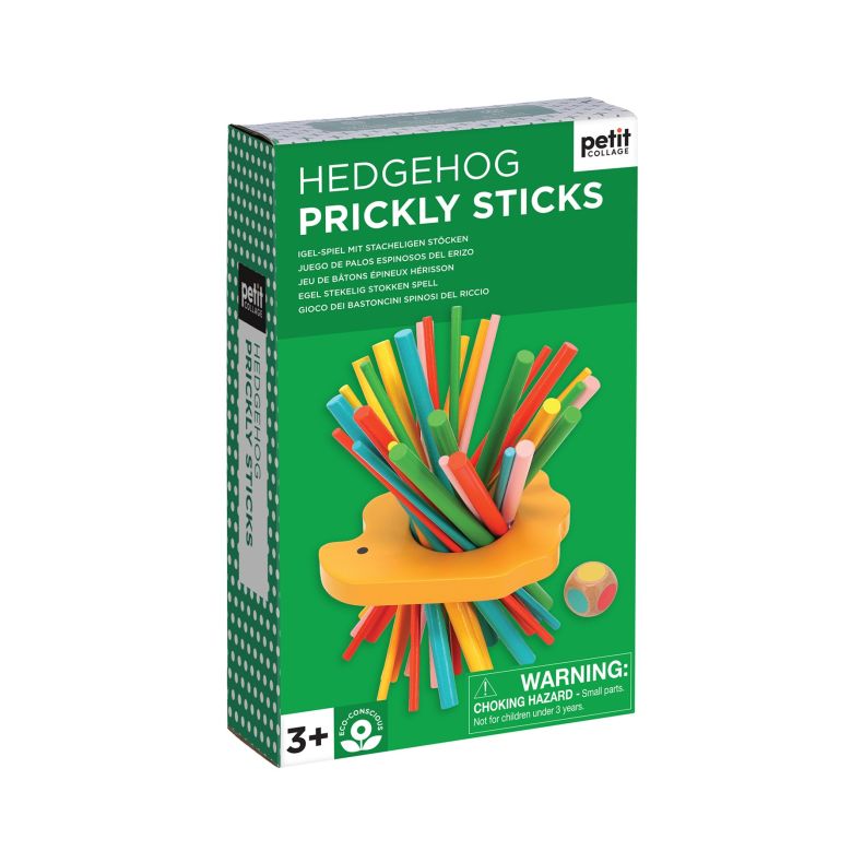 Petit Collage Hedgehog Prickly Sticks game for ages 3+, featuring a wooden hedgehog shape and colourful sticks balanced through the centre. Includes a wooden die and is presented in a green retail box.