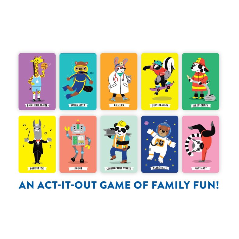 Illustrated charades cards from the Mudpuppy Hoot Am I? game featuring animal characters dressed as a basketball player, scuba diver, doctor, skateboarder, firefighter, conductor, robot, construction worker, astronaut and gymnast.