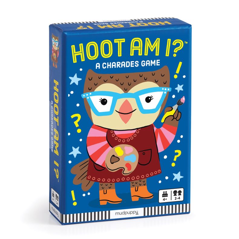 Mudpuppy Hoot Am I? Charades Game for ages 4+, presented in a blue box featuring an illustrated owl holding a paintbrush and palette, with 40 charades cards designed for 2–4 players.