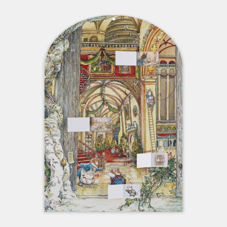 Illustrated advent calendar featuring a grand festive hall decorated with Christmas trees, garlands and ornate architectural details, with several numbered advent doors opened to reveal miniature festive scenes and mouse characters hidden behind the windo