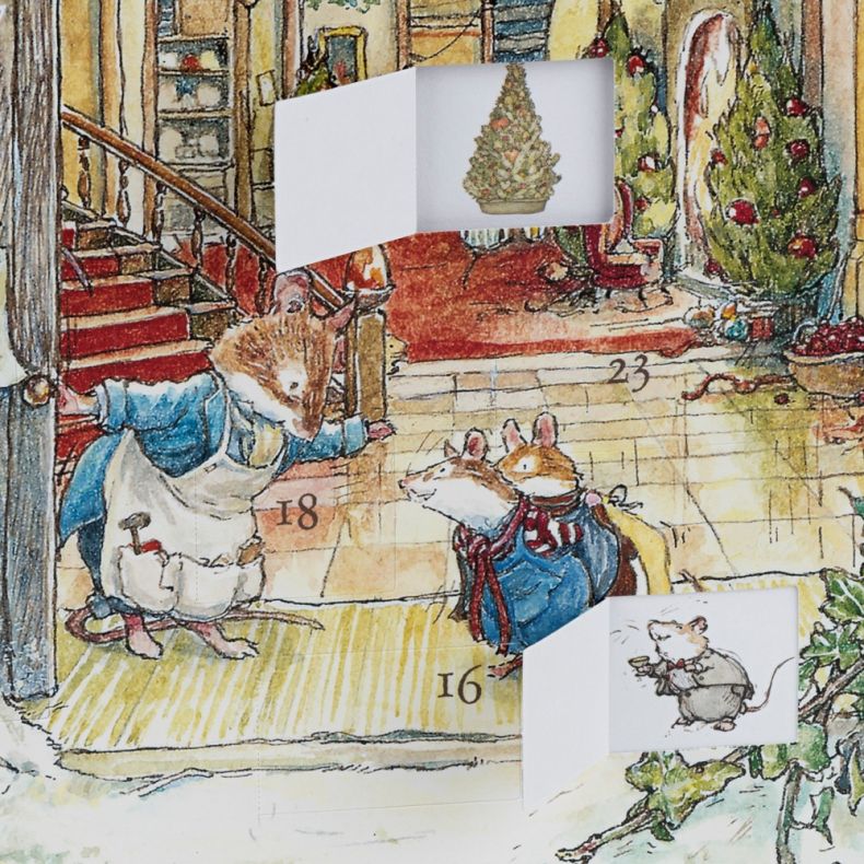 Close-up of an illustrated advent calendar showing mouse characters in a festive grand hall decorated with Christmas trees and garlands, with two opened advent doors revealing miniature illustrations of a decorated Christmas tree and a mouse holding a tea