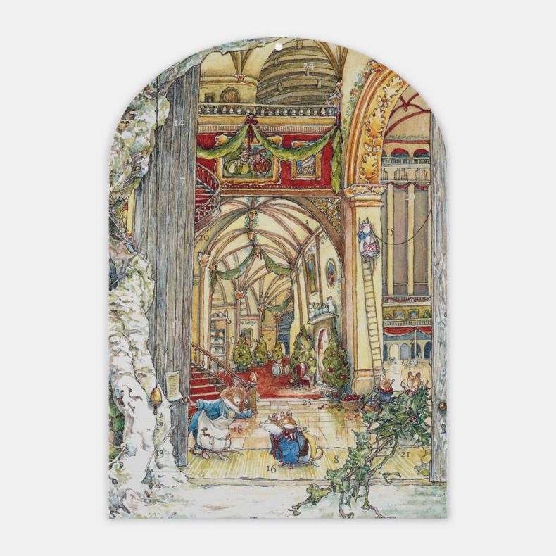 Illustrated advent calendar featuring a grand decorated hall with vaulted ceilings, staircases, Christmas trees and festive garlands, viewed through open doors, with small mice characters throughout the scene and numbered advent calendar doors integrated 
