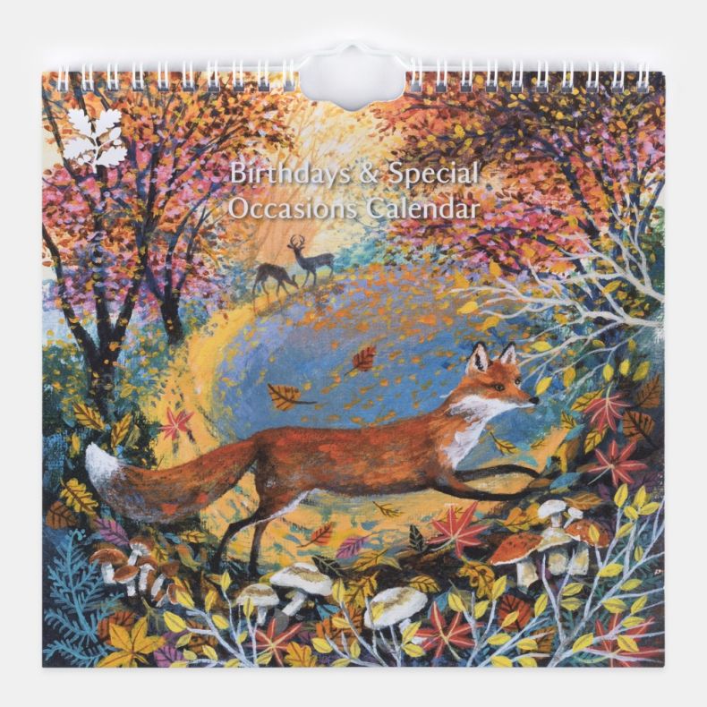 Birthdays & Special Occasions perpetual calendar featuring colourful woodland artwork with a fox walking along a forest path, surrounded by autumn trees, fallen leaves, mushrooms and foliage, with deer visible in the distance beneath a spiral-bound hangin