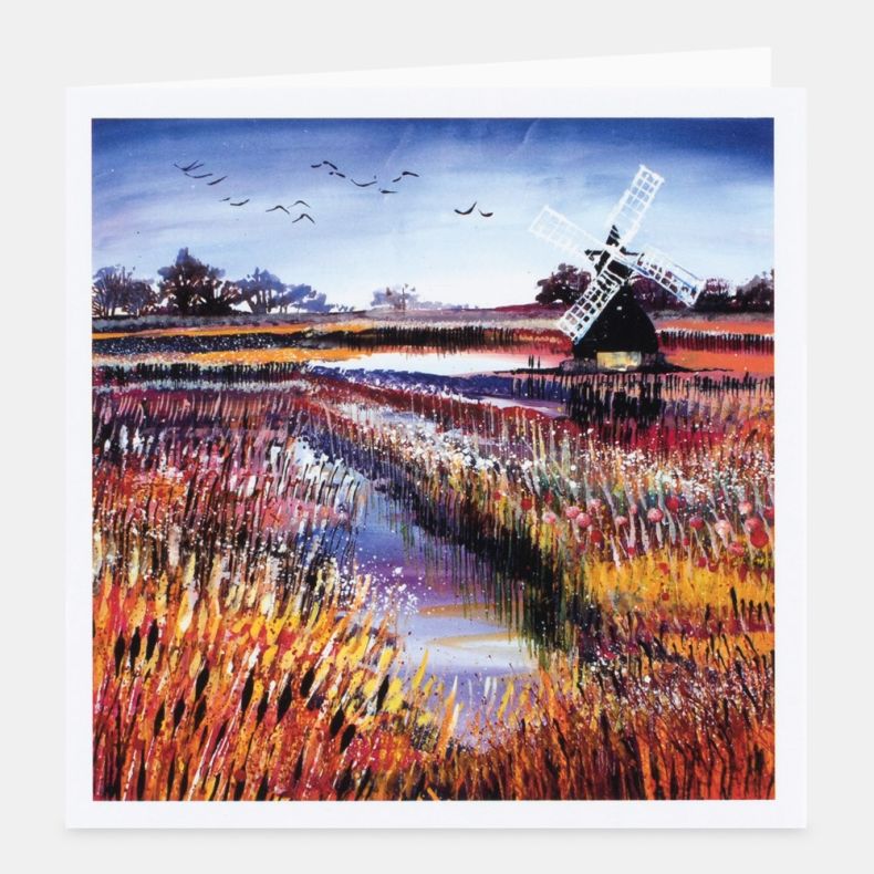 Landscape-themed notecard featuring vibrant artwork of a riverside marsh with a traditional windmill, colourful reeds and wild grasses in shades of orange, pink and gold, a winding waterway leading through the scene, and birds flying beneath a blue sky, d