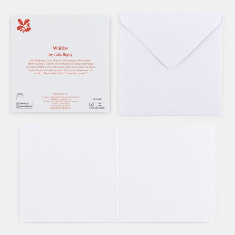 Landscape-themed notecard shown open with matching white envelope, featuring the reverse side of the Whitby design card with artist information by Julia Rigby, National Trust branding and recycling symbols, alongside a blank interior for personal messages