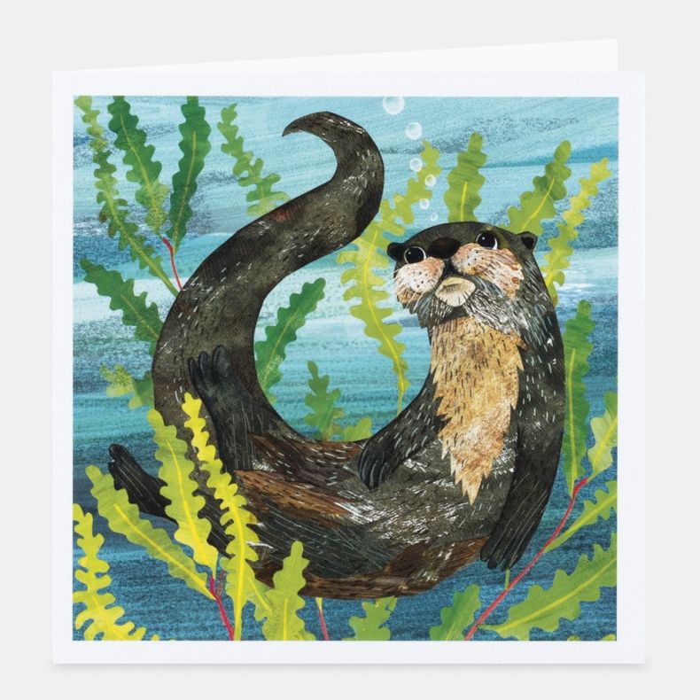 Collaged Critters notecard featuring a collage-style illustration of an otter swimming among green aquatic plants and seaweed, with textured artwork in shades of blue, green, brown and cream, displayed with a white border and matching envelope on a white 
