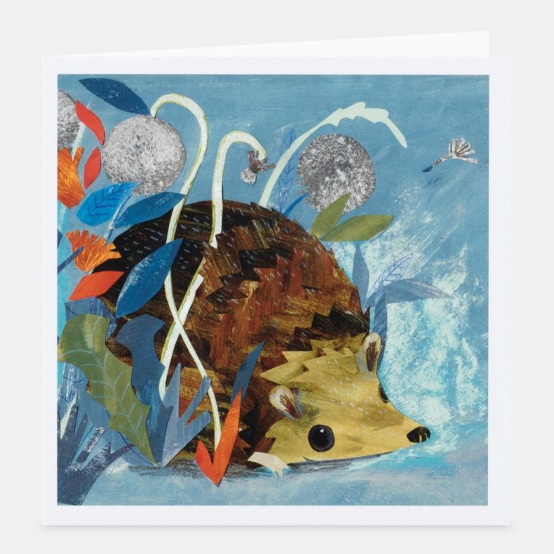 Collaged Critters notecard featuring a collage-style illustration of a hedgehog nestled among colourful foliage and stylised seed heads, with textured artwork in shades of brown, cream, blue, orange and green, displayed with a white border and matching en