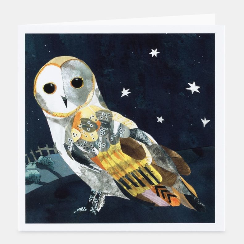Collaged Critters notecard featuring a collage-style illustration of a barn owl with patterned feathers in shades of cream, grey, gold and brown, perched beneath a starry night sky on a deep blue background, displayed with a white border and matching enve