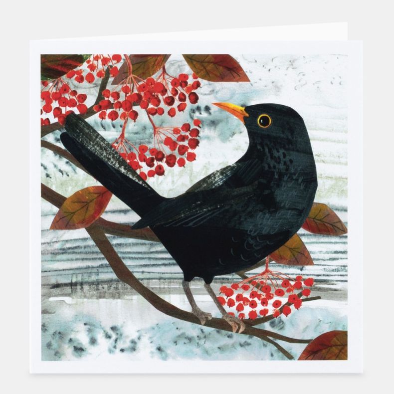 Collaged Critters notecard featuring a collage-style illustration of a blackbird perched on a branch laden with bright red berries and autumn leaves, with textured artwork in shades of black, red, brown and grey, displayed with a white border and matching